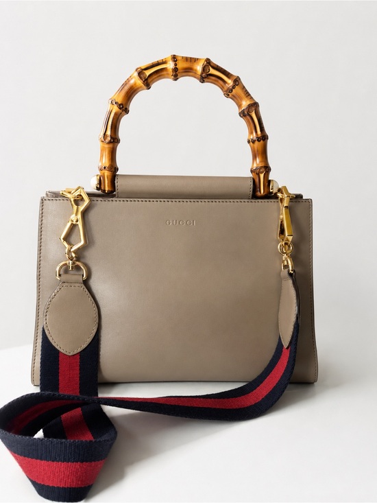 Gucci Handbags - Gucci Taupe Leather Bamboo-Handle Satchel with Navy & Red Strap
